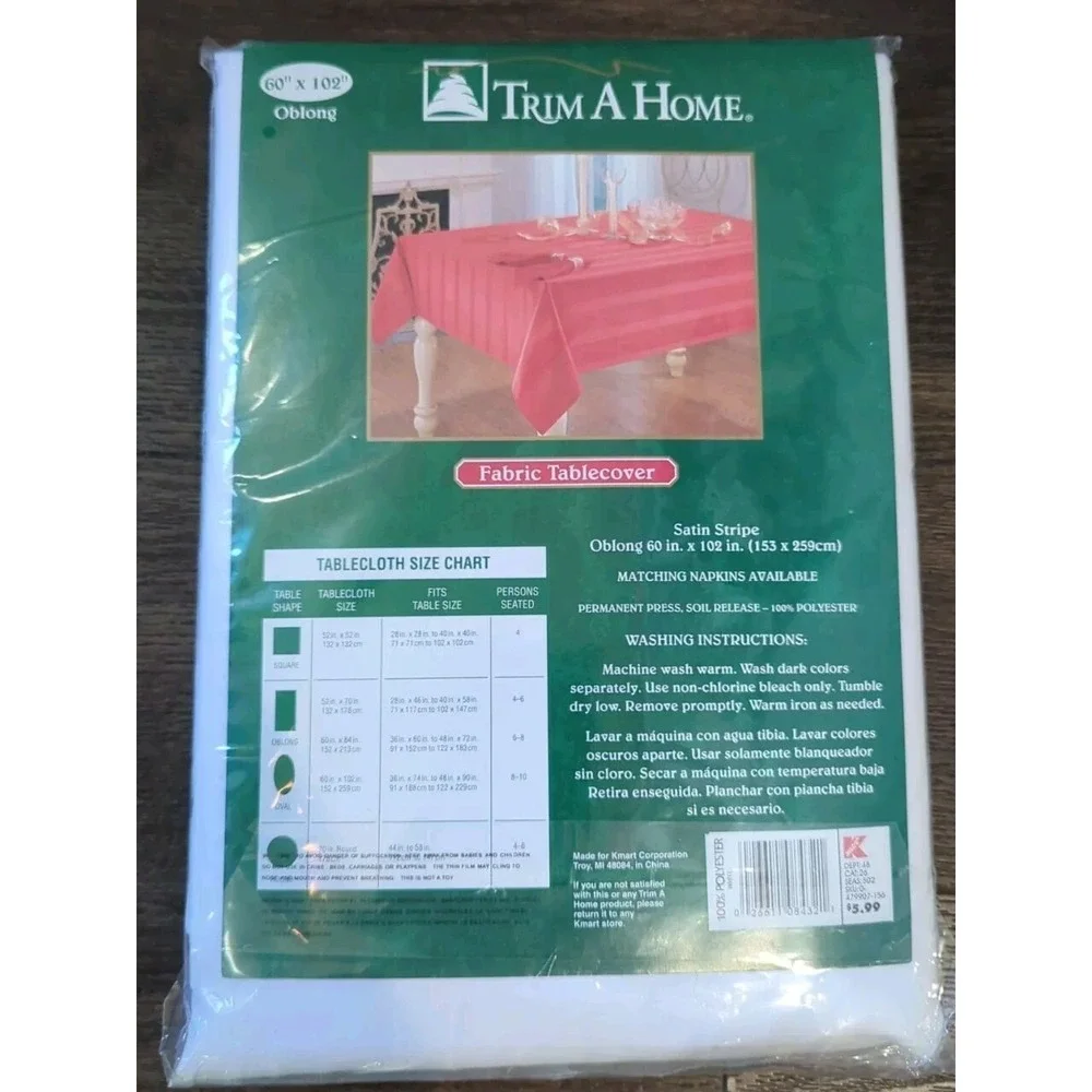Trim A Home Fabric White Tablecloth Oblong Satin Strip 100% Polyester 60